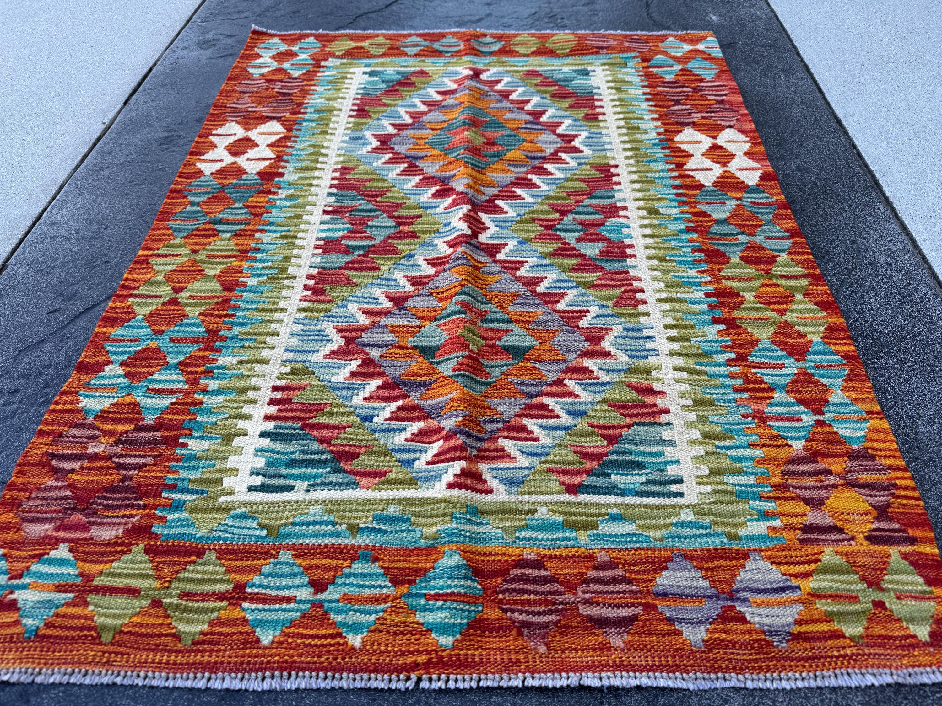 3x4 Handmade Afghan Kilim Rug | Rust Red Burnt Orange Mustard Yellow Olive Green Teal Aqua Blue Cream White Grey Purple | Wool Flatwoven