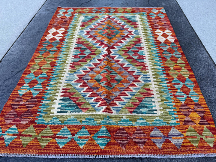 3x4 Handmade Afghan Kilim Rug | Rust Red Burnt Orange Mustard Yellow Olive Green Teal Aqua Blue Cream White Grey Purple | Wool Flatwoven