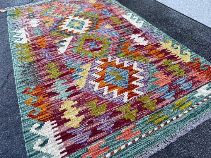 3x4 Handmade Afghan Kilim Rug | Teal Aqua Green Rust Red Burnt Orange Mustard Yellow Cream White Olive Blue Purple Grey | Wool Flatwoven