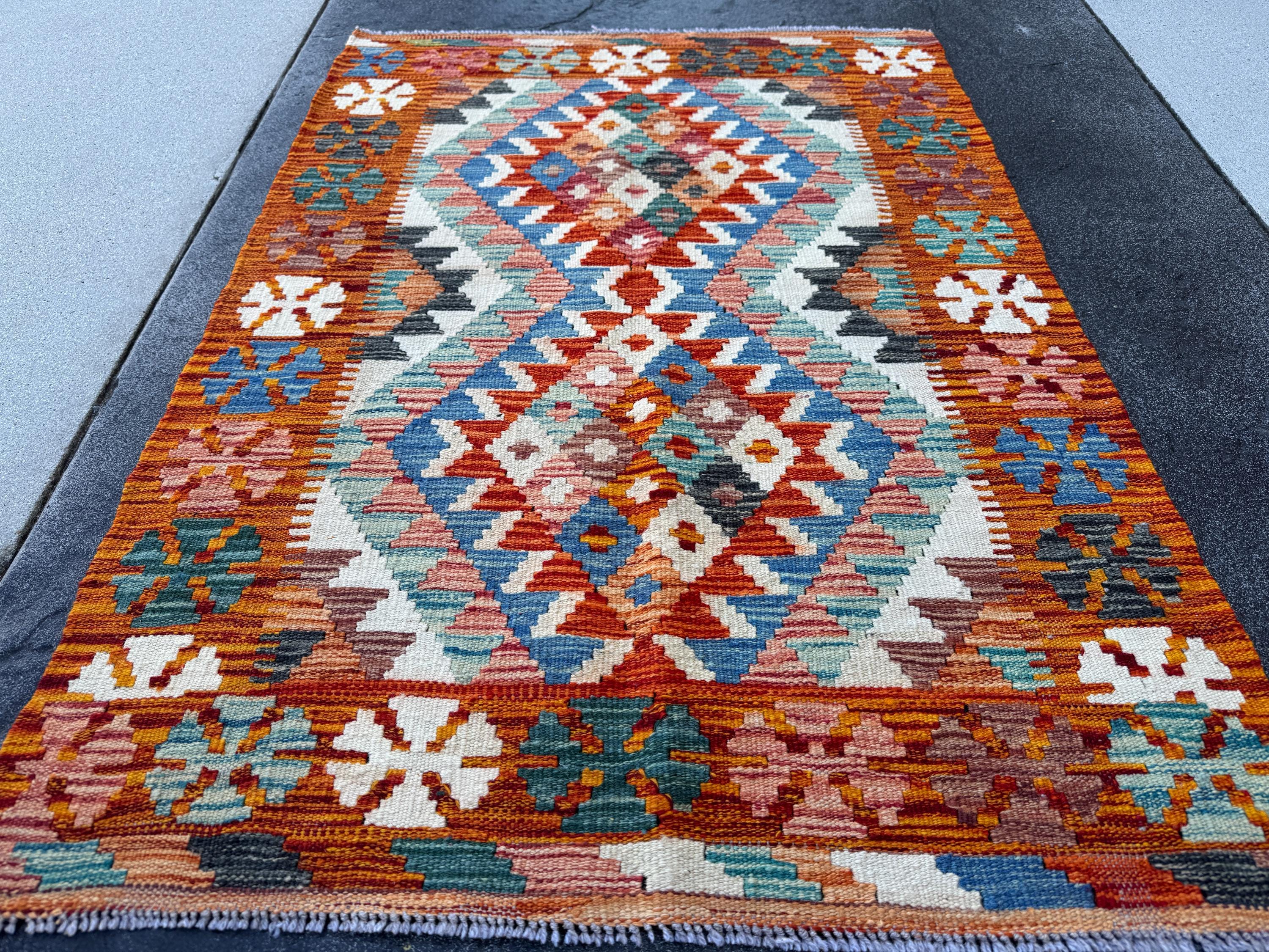 3x4 Handmade Afghan Kilim Rug | Burnt Orange Rust Red Cream White Aqua Blue Teal Navy Olive Green Mustard Yellow Purple Grey | Flatwoven