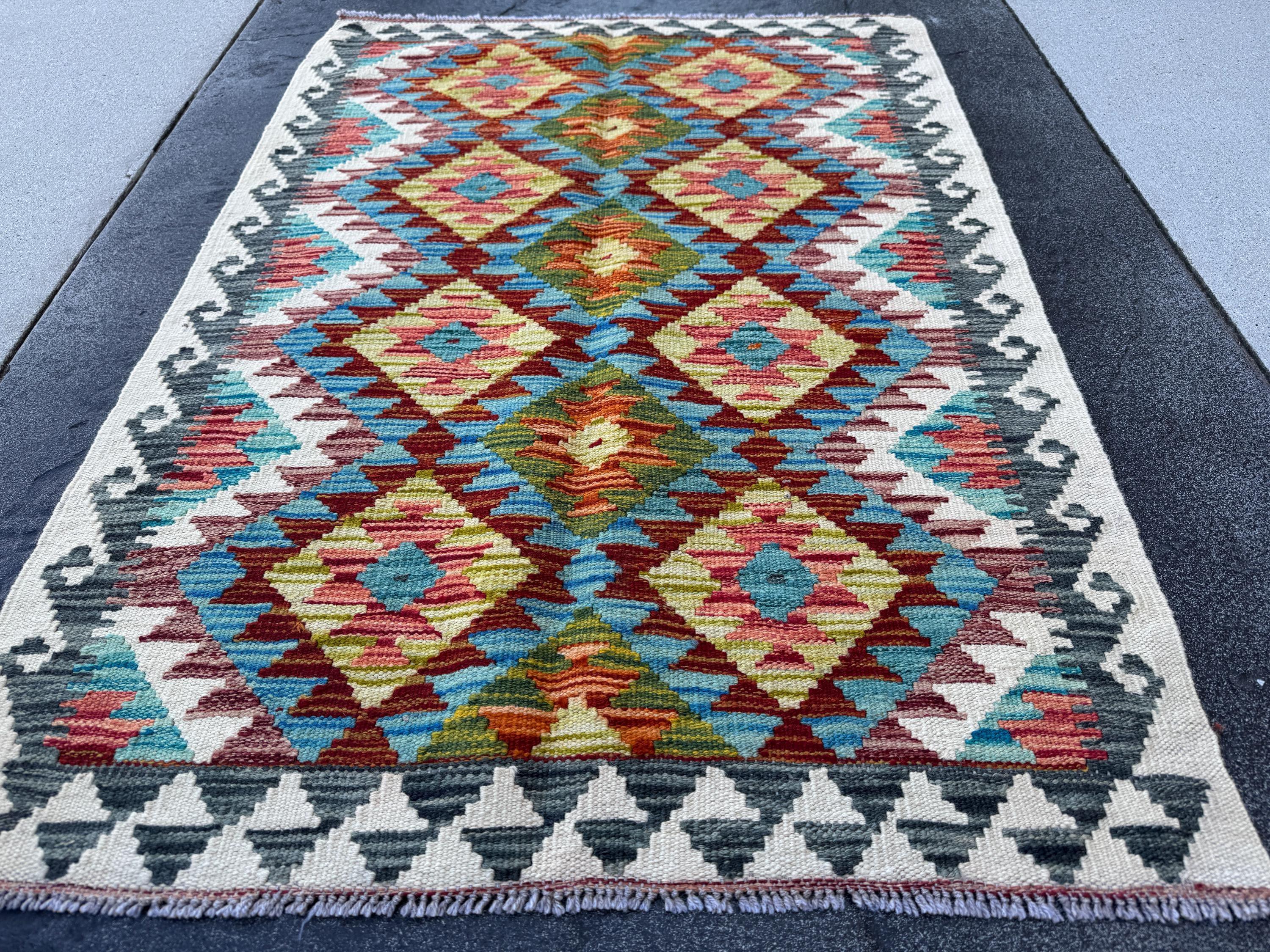 3x4 Handmade Afghan Kilim Rug | Rust Red Burnt Orange Mustard Yellow Olive Green Teal Aqua Blue Cream White Grey | Wool Flatwoven