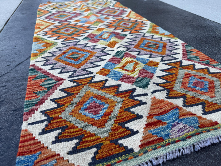 2x5 Handmade Afghan Kilim Runner Rug | Rust Red Burnt Orange Cream White Mustard Yellow Olive Green Teal Aqua Blue Navy Purple Grey | Wool