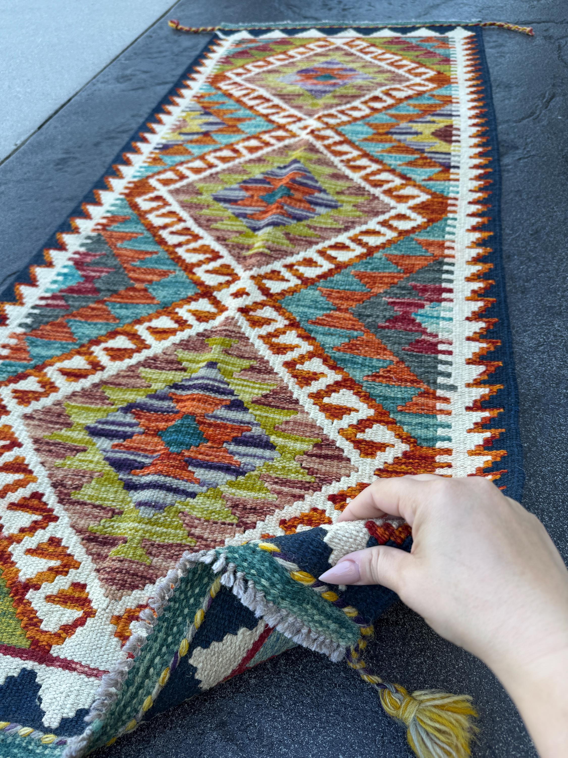 2x5 Handmade Afghan Kilim Runner Rug | Burnt Orange Rust Red Cream White Mustard Yellow Olive Green Teal Aqua Blue Navy Purple Grey | Wool