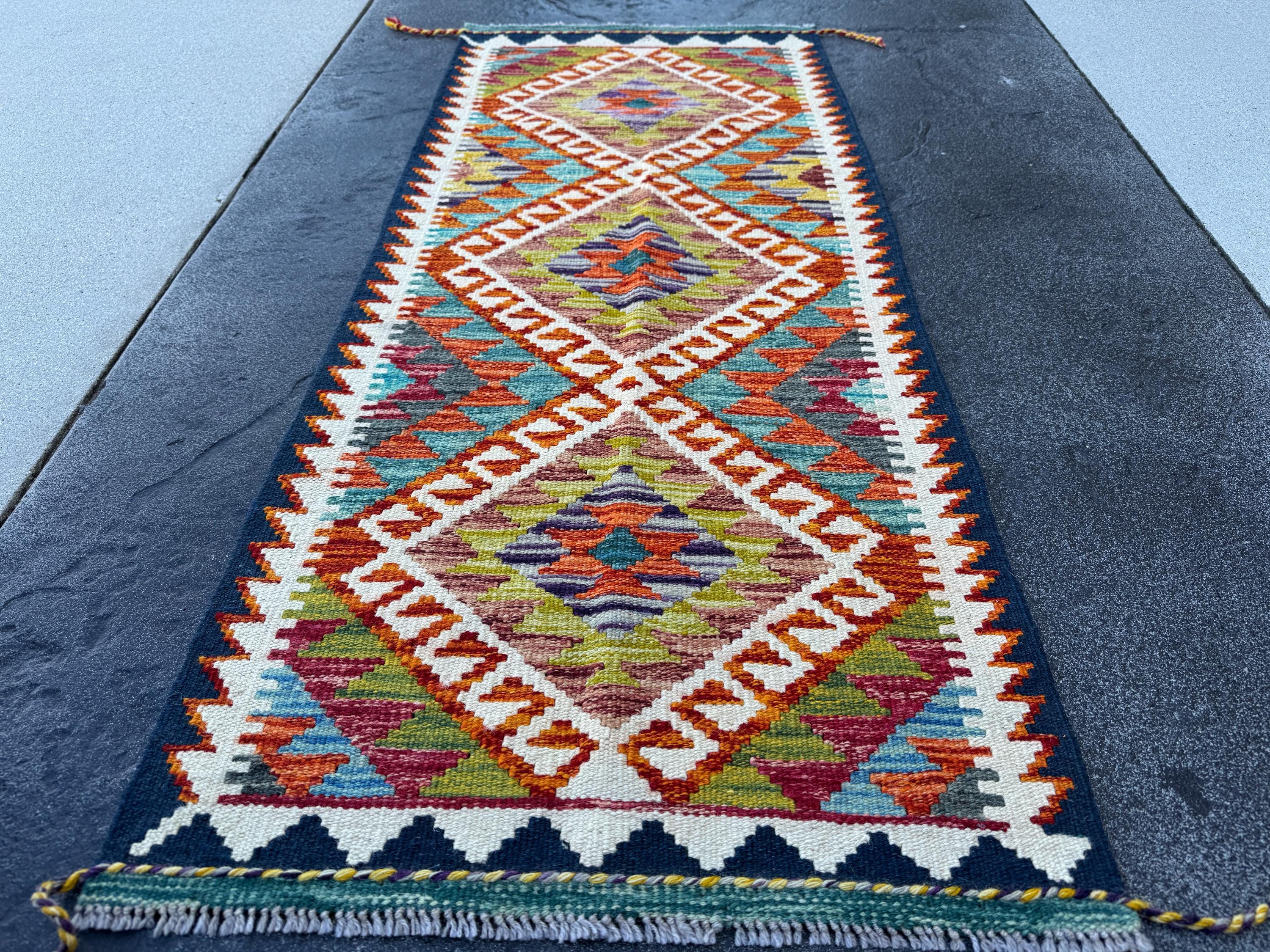 2x5 Handmade Afghan Kilim Runner Rug | Burnt Orange Rust Red Cream White Mustard Yellow Olive Green Teal Aqua Blue Navy Purple Grey | Wool