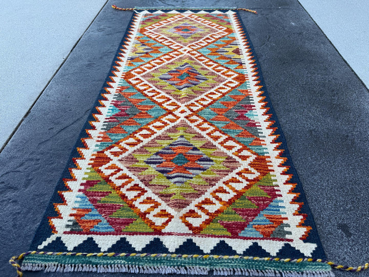 2x5 Handmade Afghan Kilim Runner Rug | Burnt Orange Rust Red Cream White Mustard Yellow Olive Green Teal Aqua Blue Navy Purple Grey | Wool