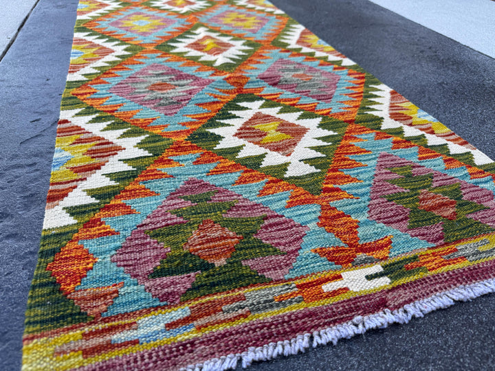 2x5 Handmade Afghan Kilim Runner Rug | Rust Red Burnt Orange Cream White Mustard Yellow Olive Green Teal Aqua Blue Purple Grey | Flatwoven