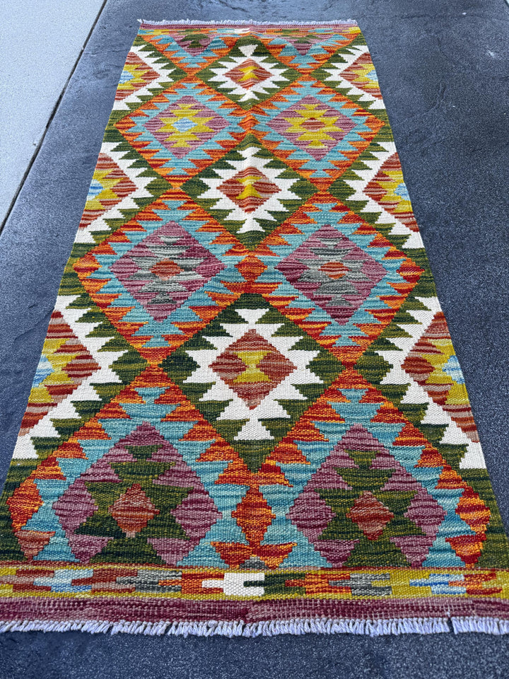 2x5 Handmade Afghan Kilim Runner Rug | Rust Red Burnt Orange Cream White Mustard Yellow Olive Green Teal Aqua Blue Purple Grey | Flatwoven