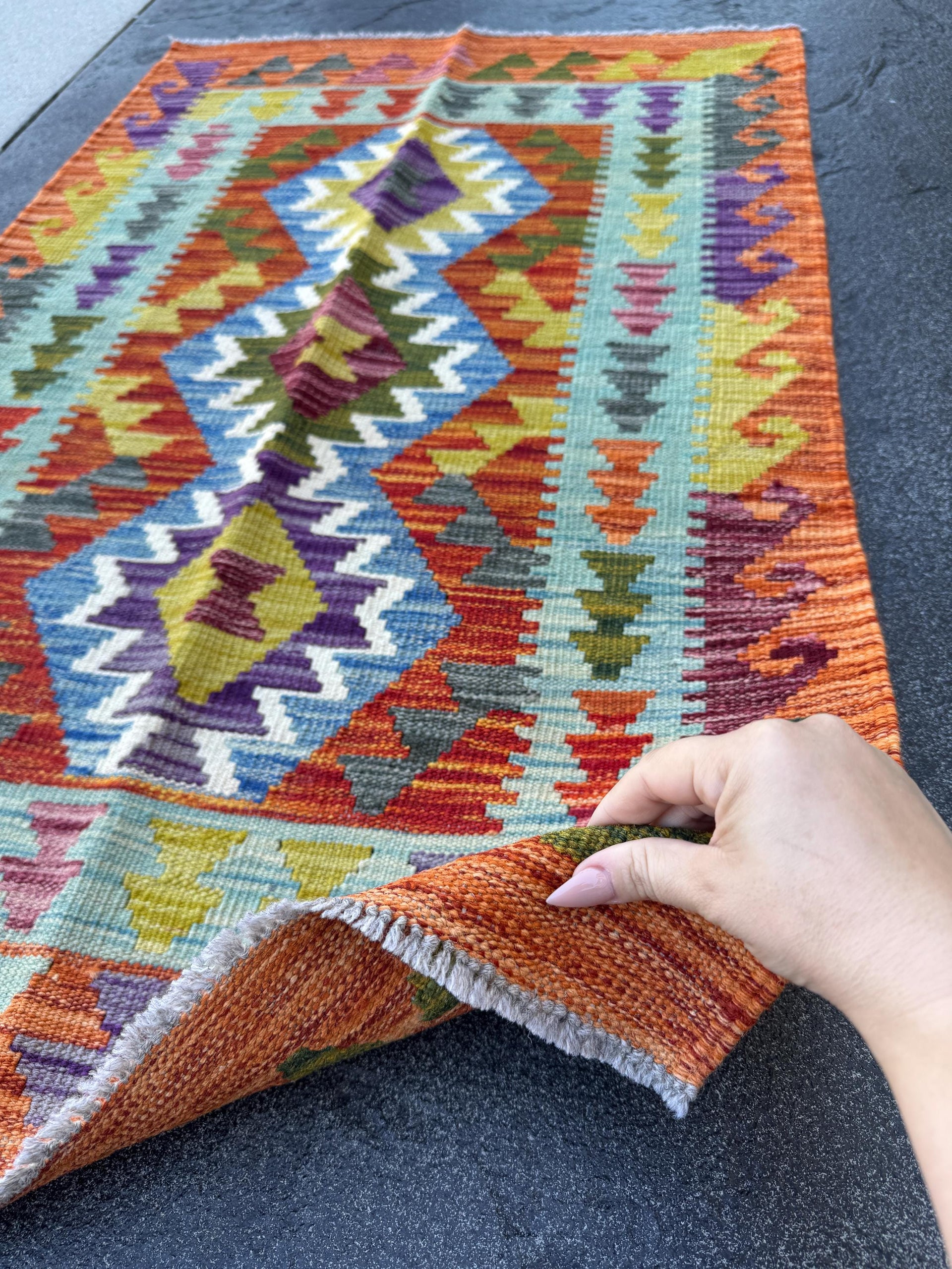 3x4 Handmade Afghan Kilim Rug | Burnt Orange Rust Red Mustard Yellow Olive Green Teal Aqua Blue Navy Purple Cream Grey | Wool Flatwoven