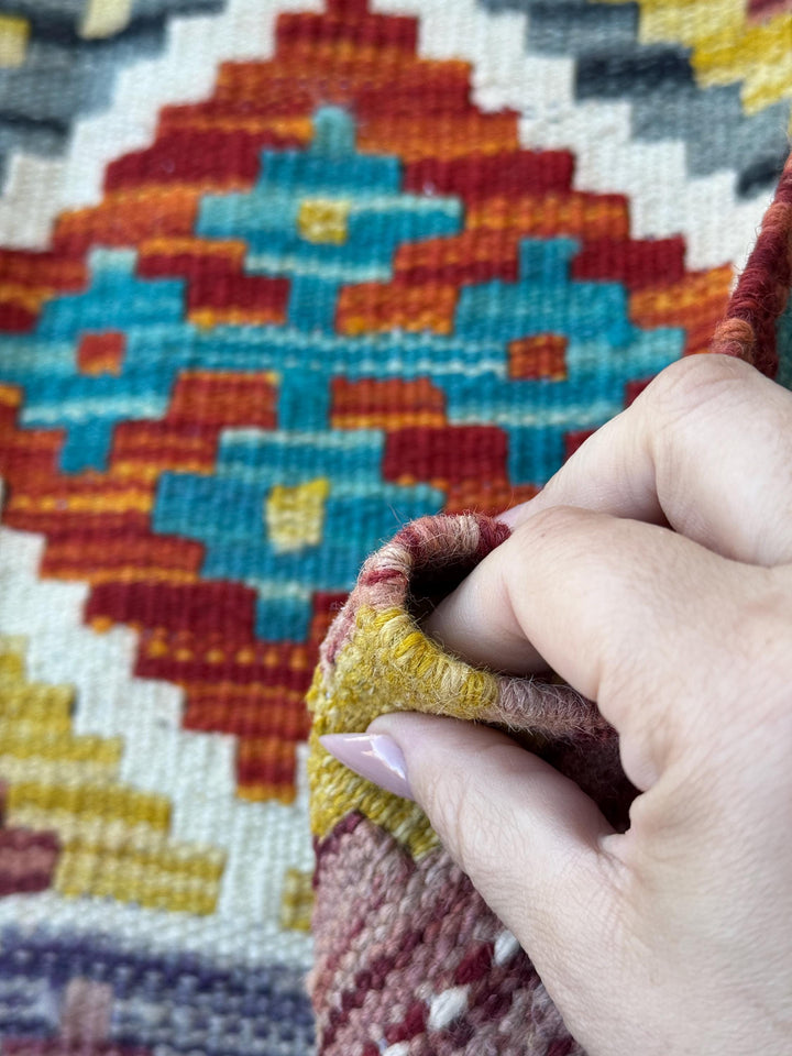 2x5 Handmade Afghan Kilim Runner Rug | Rust Red Burnt Orange Cream White Mustard Yellow Olive Green Teal Aqua Blue Navy Purple Grey | Wool