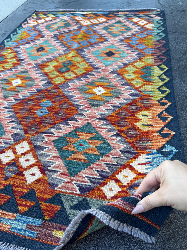 3x4 Handmade Afghan Kilim Rug | Rust Red Burnt Orange Mustard Yellow Olive Green Teal Aqua Blue Navy Purple Cream White Grey | Flatwoven