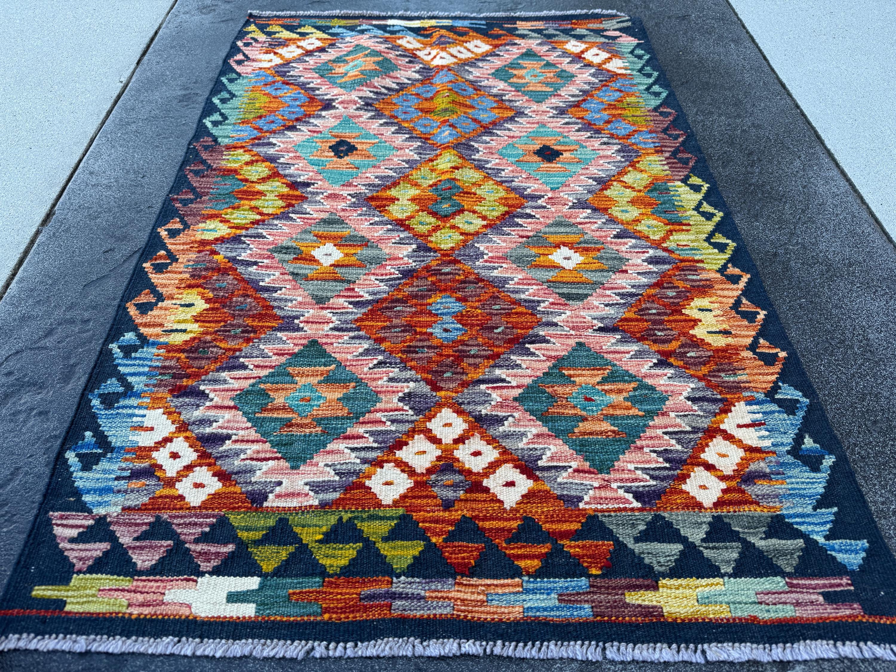 3x4 Handmade Afghan Kilim Rug | Rust Red Burnt Orange Mustard Yellow Olive Green Teal Aqua Blue Navy Purple Cream White Grey | Flatwoven