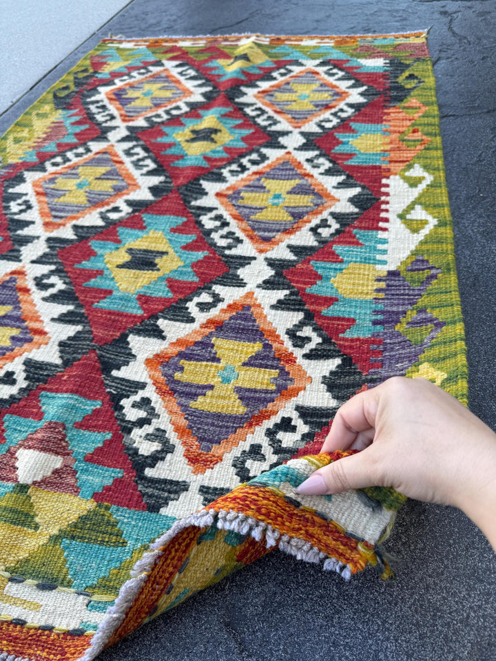 3x5 (91x152) Handmade Afghan Kilim Rug | Rust Red Mustard Yellow Olive Green Burnt Orange Teal Aqua Blue Purple Navy Cream White Black Grey