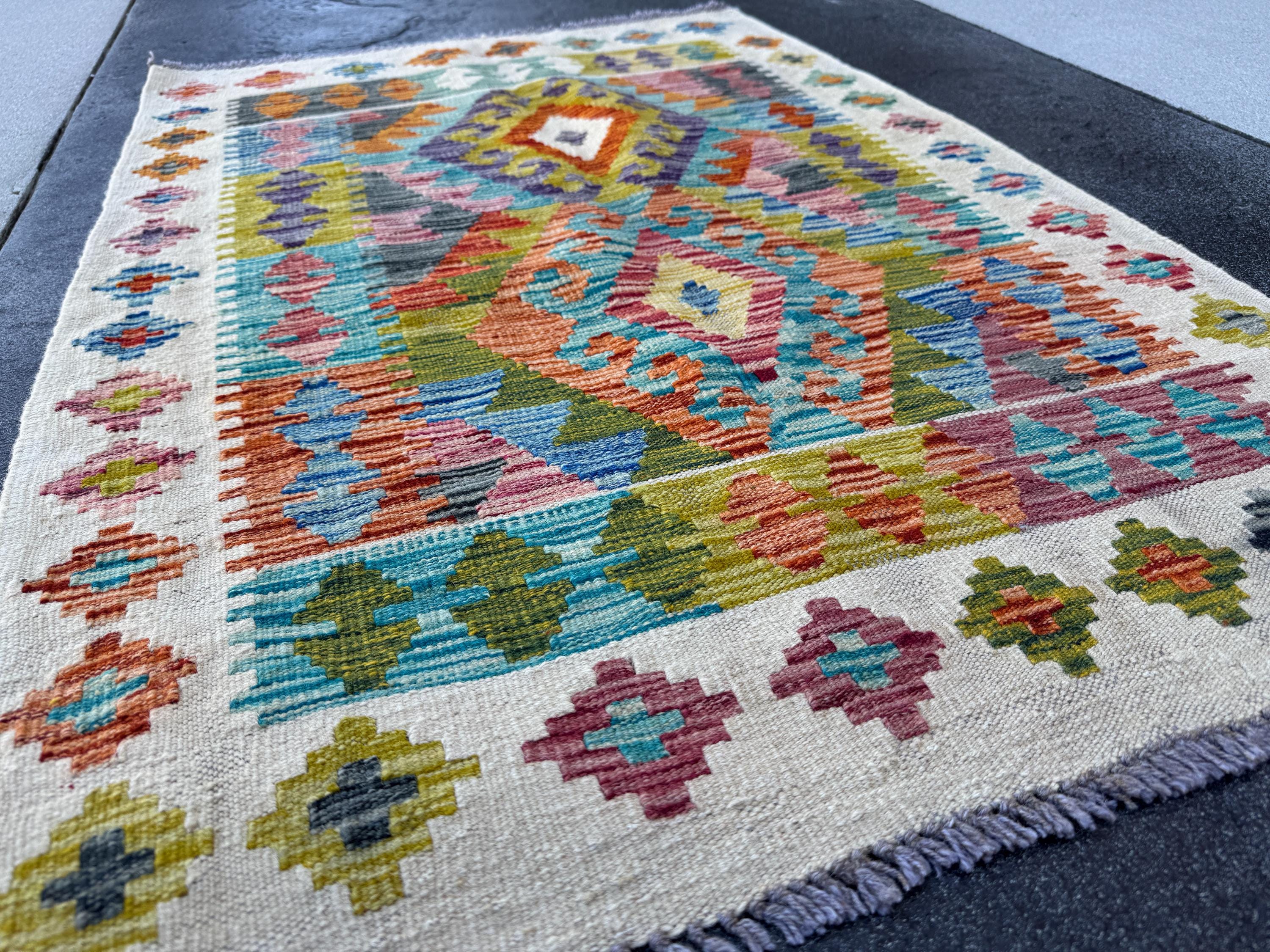 3x4 Handmade Afghan Kilim Rug | Cream White Grey Teal Aqua Blue Rust Red Burnt Orange Mustard Yellow Olive Green Purple | Wool Flatwoven