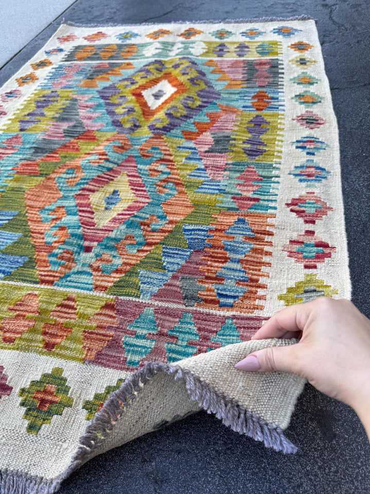 3x4 Handmade Afghan Kilim Rug | Cream White Grey Teal Aqua Blue Rust Red Burnt Orange Mustard Yellow Olive Green Purple | Wool Flatwoven