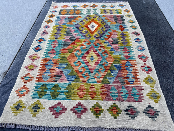 3x4 Handmade Afghan Kilim Rug | Cream White Grey Teal Aqua Blue Rust Red Burnt Orange Mustard Yellow Olive Green Purple | Wool Flatwoven