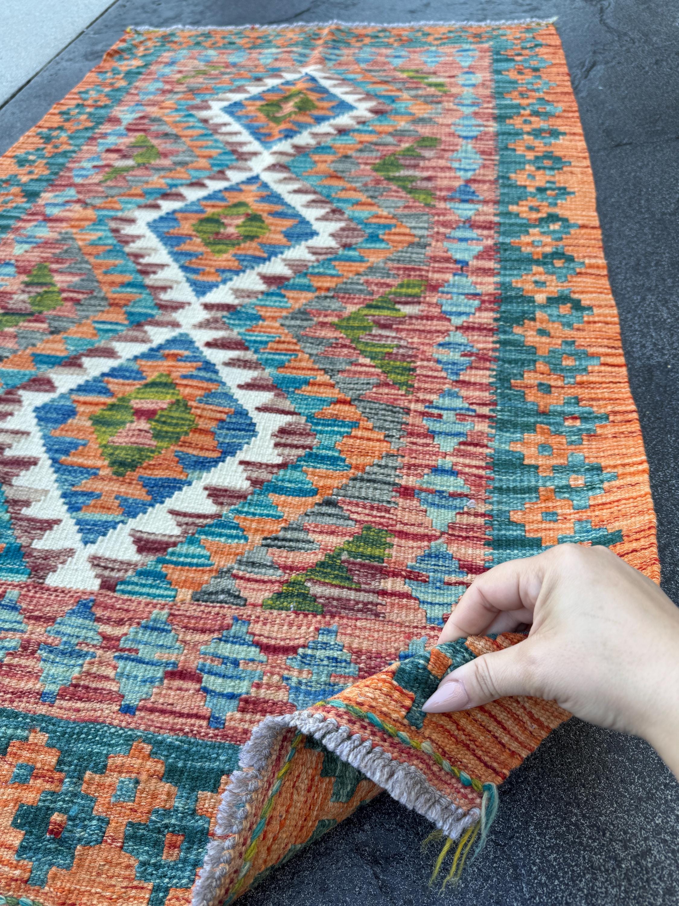3x4 Handmade Afghan Kilim Rug | Burnt Orange Rust Red Cream White Mustard Yellow Olive Green Teal Aqua Blue Navy Grey | Wool Flatwoven