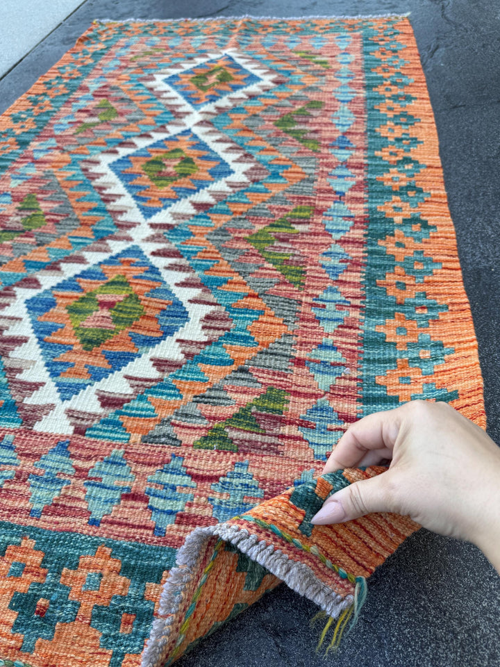 3x4 Handmade Afghan Kilim Rug | Burnt Orange Rust Red Cream White Mustard Yellow Olive Green Teal Aqua Blue Navy Grey | Wool Flatwoven