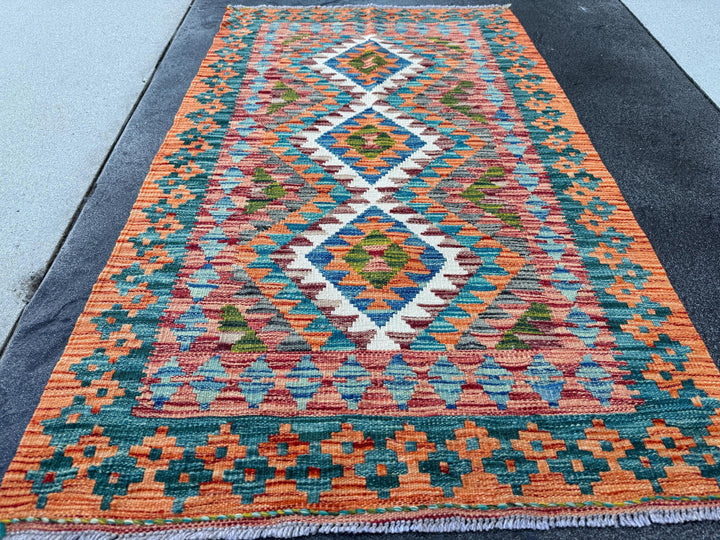 3x4 Handmade Afghan Kilim Rug | Burnt Orange Rust Red Cream White Mustard Yellow Olive Green Teal Aqua Blue Navy Grey | Wool Flatwoven