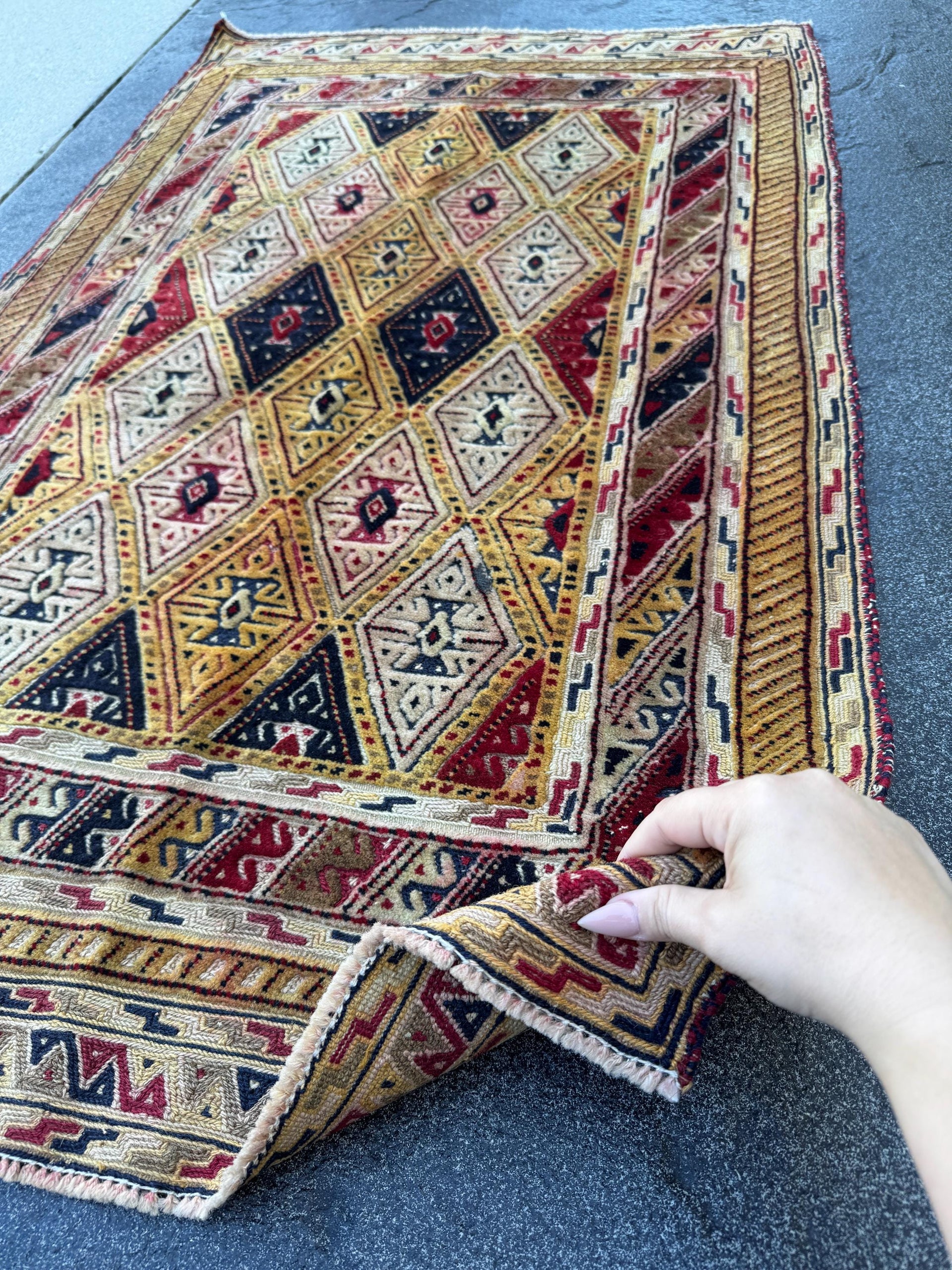 3x4 Handmade Afghan Kilim Rug | Mustard Yellow Rust Red Black Cream Beige Burgundy Navy | Wool Flatwoven