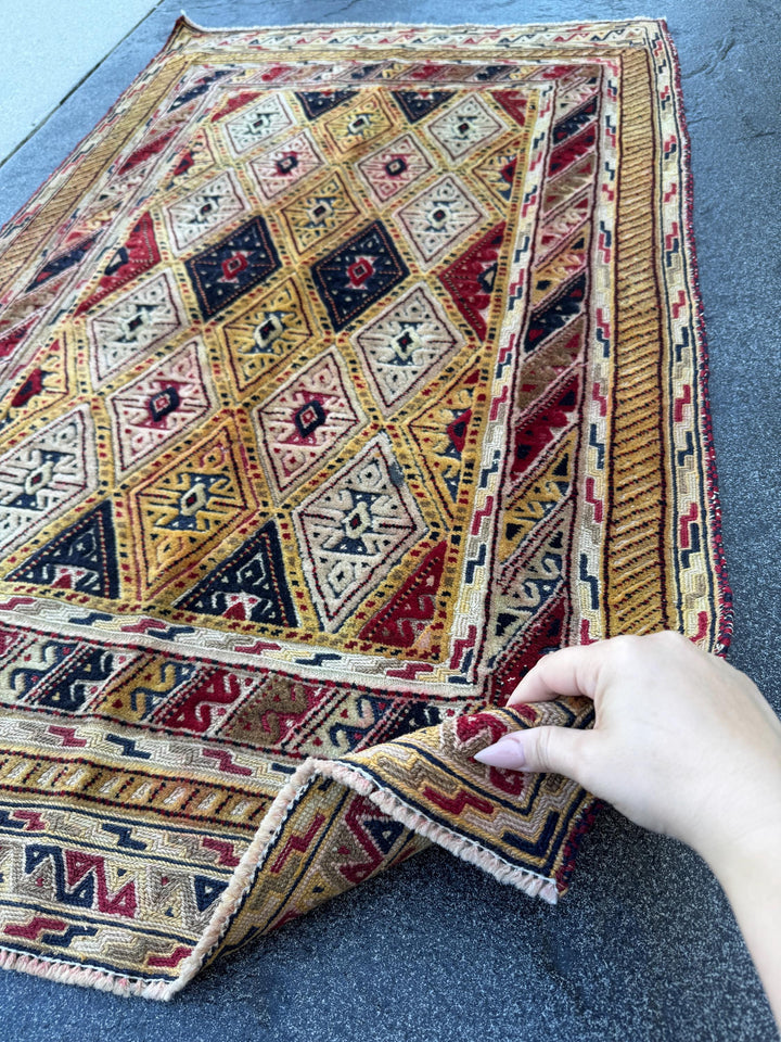3x4 Handmade Afghan Kilim Rug | Mustard Yellow Rust Red Black Cream Beige Burgundy Navy | Wool Flatwoven