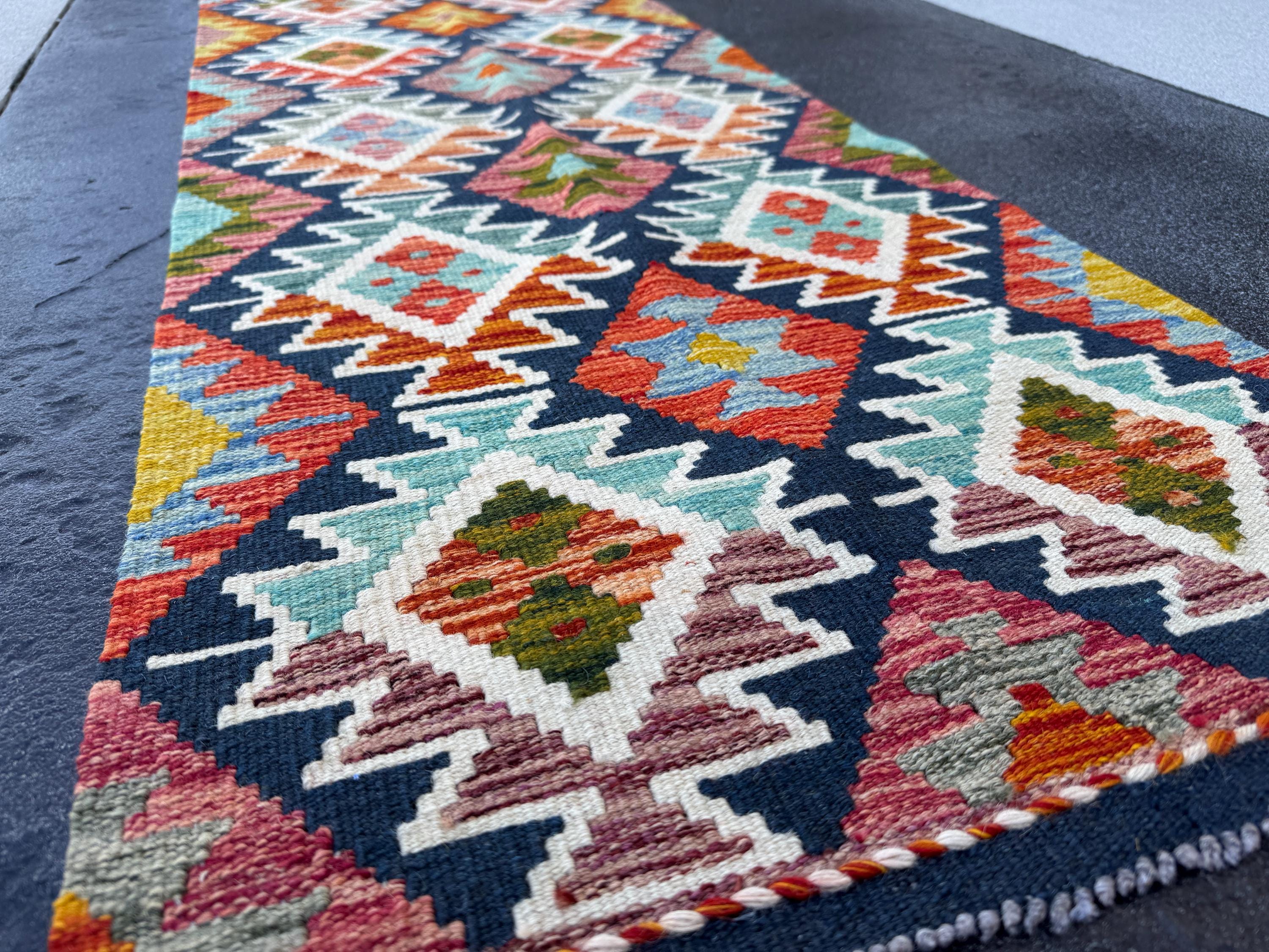 2x5 Handmade Afghan Kilim Runner Rug | Navy Rust Red Burnt Orange Mustard Yellow Cream White Olive Green Teal Aqua Blue Purple Grey | Wool
