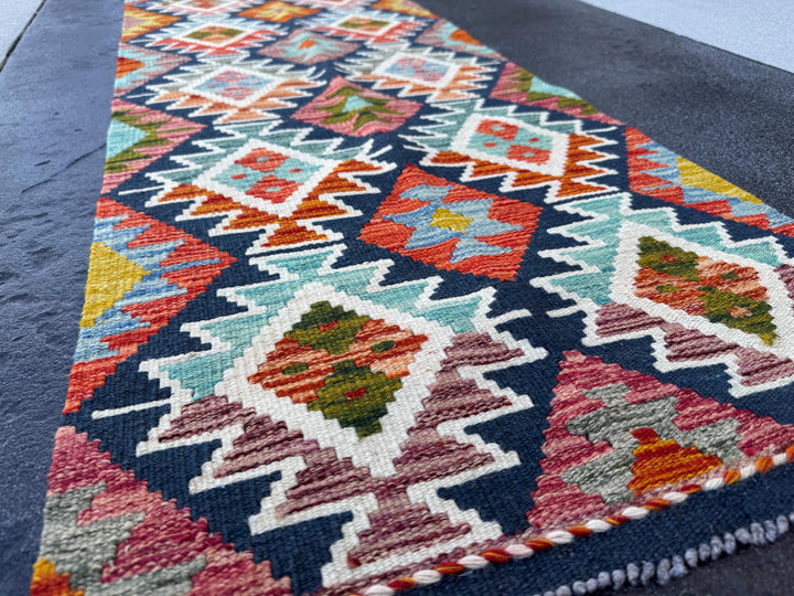 2x5 Handmade Afghan Kilim Runner Rug | Navy Rust Red Burnt Orange Mustard Yellow Cream White Olive Green Teal Aqua Blue Purple Grey | Wool