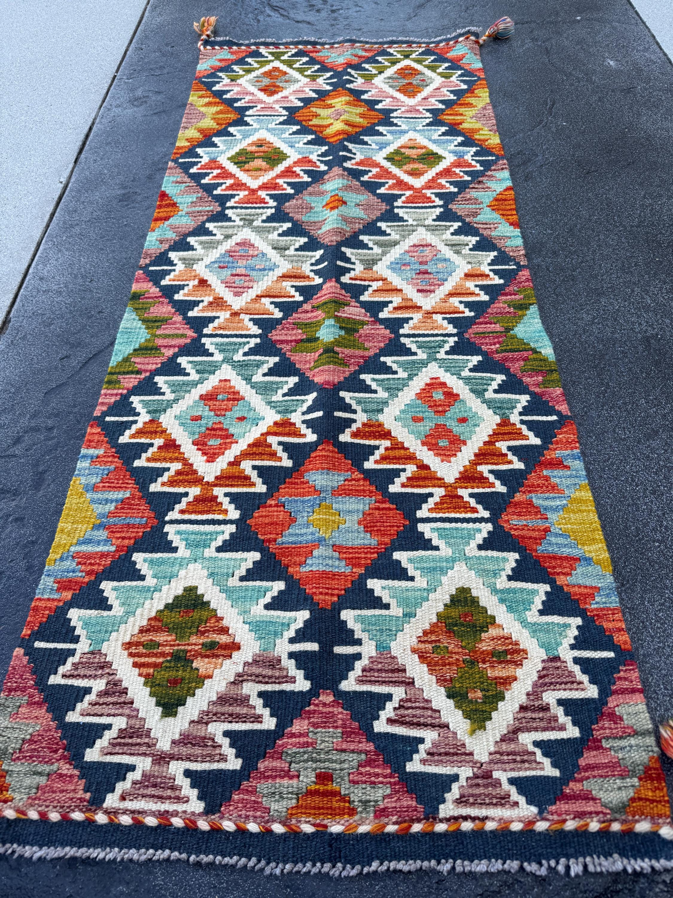 2x5 Handmade Afghan Kilim Runner Rug | Navy Rust Red Burnt Orange Mustard Yellow Cream White Olive Green Teal Aqua Blue Purple Grey | Wool