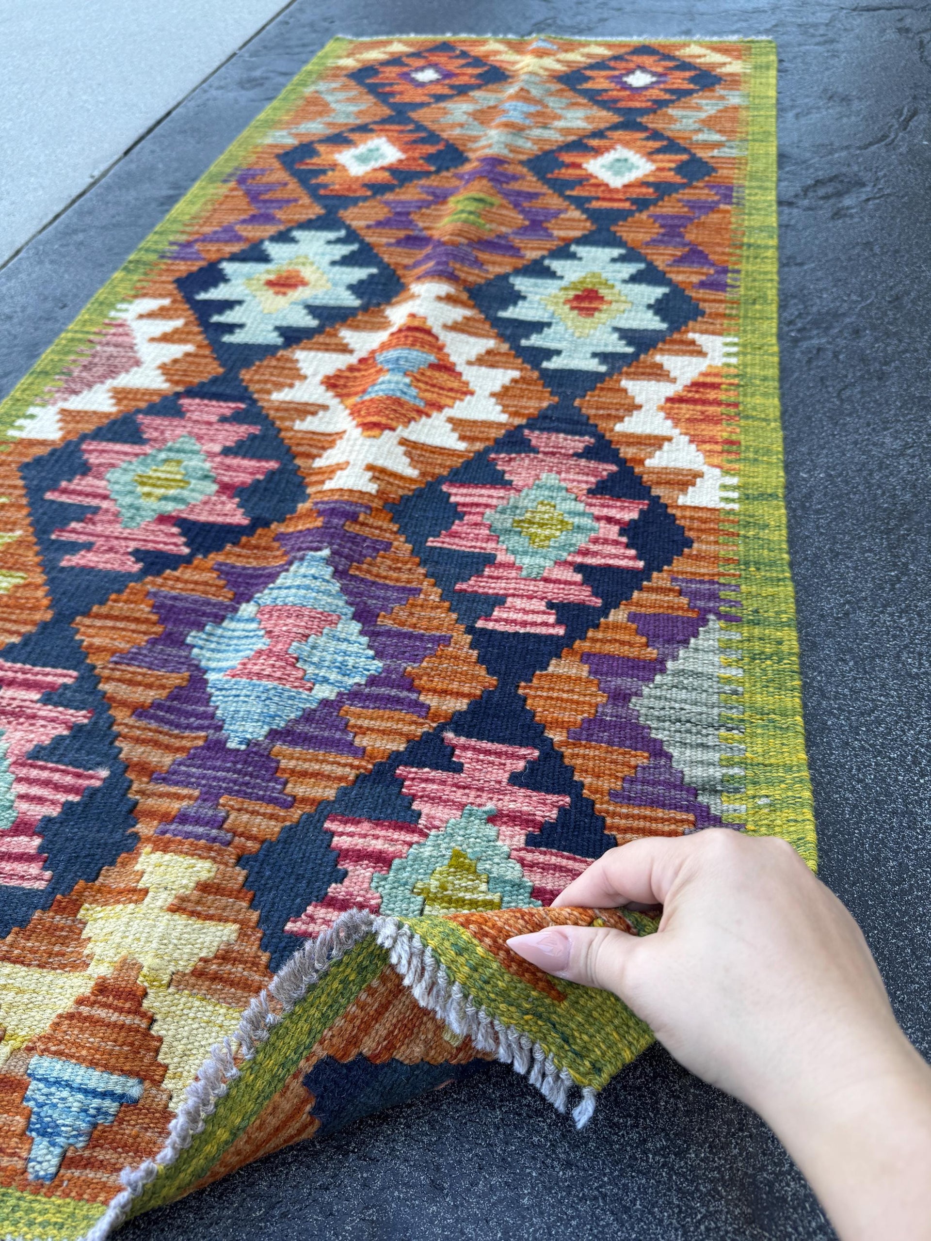 2x5 Handmade Afghan Kilim Runner Rug | Olive Green Navy Burnt Orange Cream Mustard Yellow Pink Teal Aqua Blue Purple Grey | Wool Flatwoven