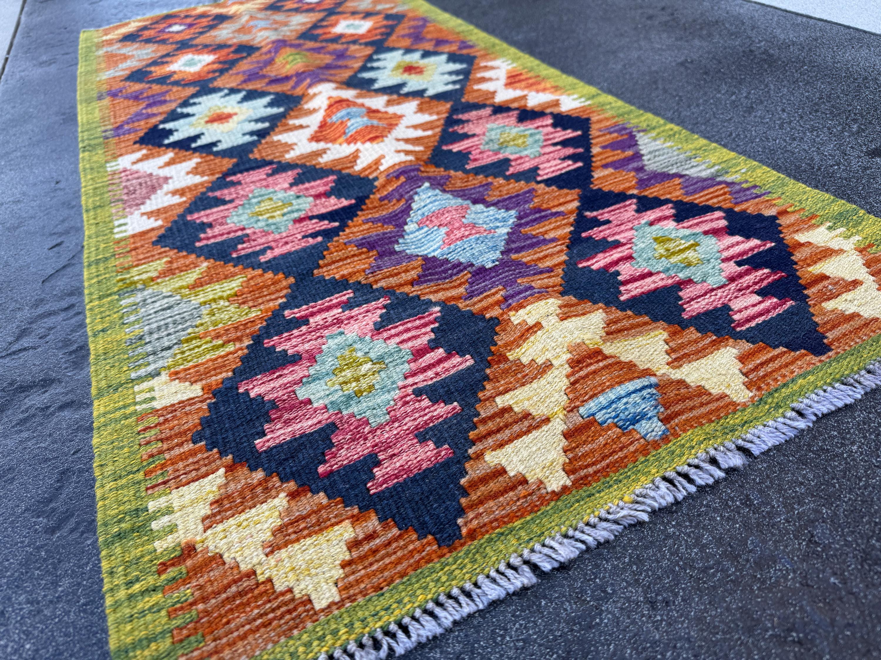 2x5 Handmade Afghan Kilim Runner Rug | Olive Green Navy Burnt Orange Cream Mustard Yellow Pink Teal Aqua Blue Purple Grey | Wool Flatwoven