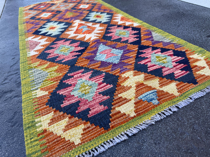 2x5 Handmade Afghan Kilim Runner Rug | Olive Green Navy Burnt Orange Cream Mustard Yellow Pink Teal Aqua Blue Purple Grey | Wool Flatwoven