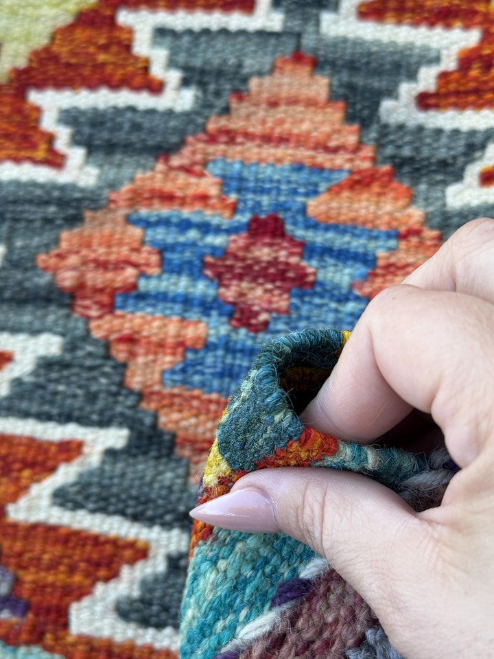 2x5 Handmade Afghan Kilim Runner Rug | Rust Red Burnt Orange Mustard Yellow Olive Green Teal Aqua Blue Navy Purple Cream White Grey | Wool