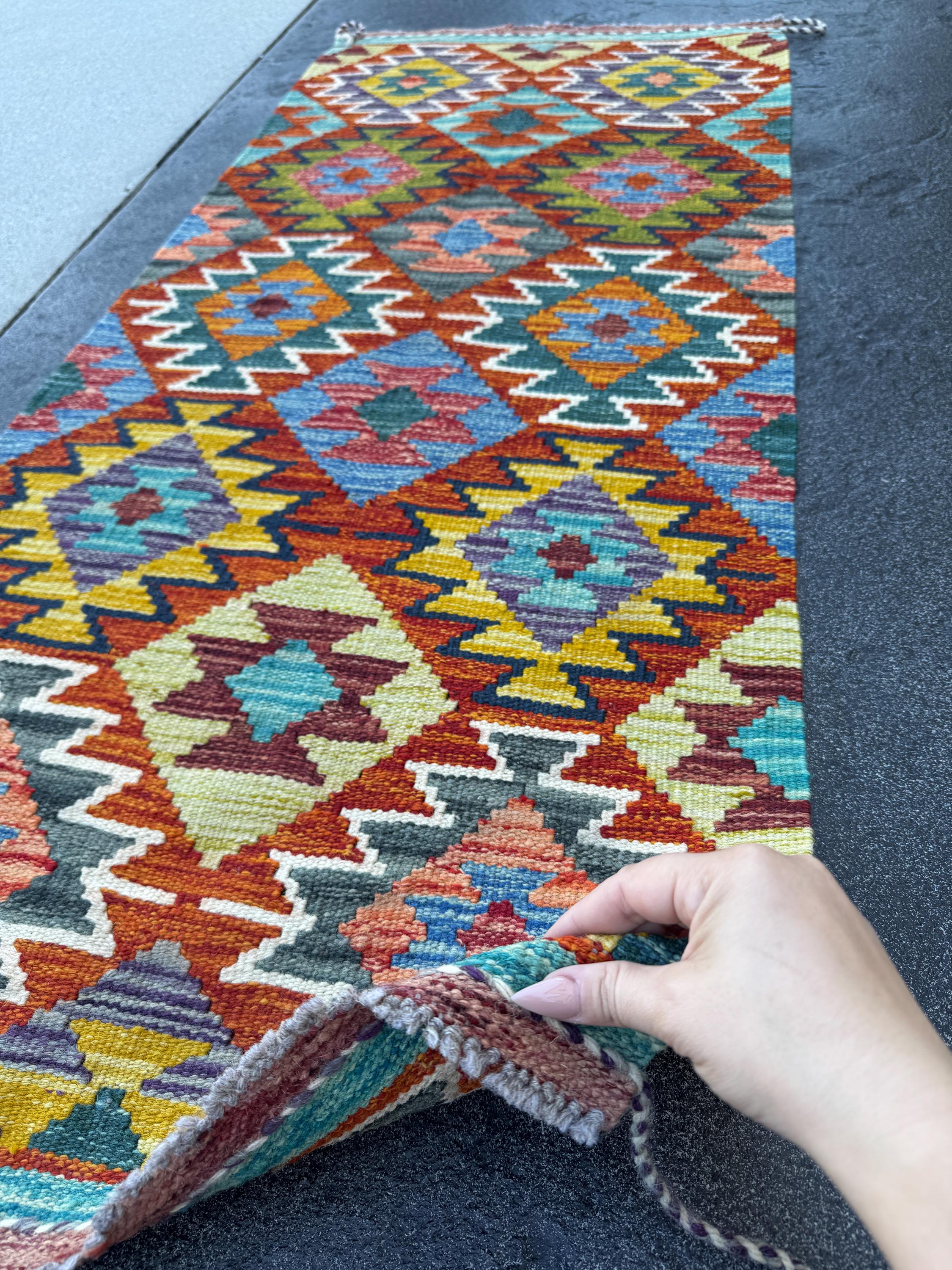 2x5 Handmade Afghan Kilim Runner Rug | Rust Red Burnt Orange Mustard Yellow Olive Green Teal Aqua Blue Navy Purple Cream White Grey | Wool
