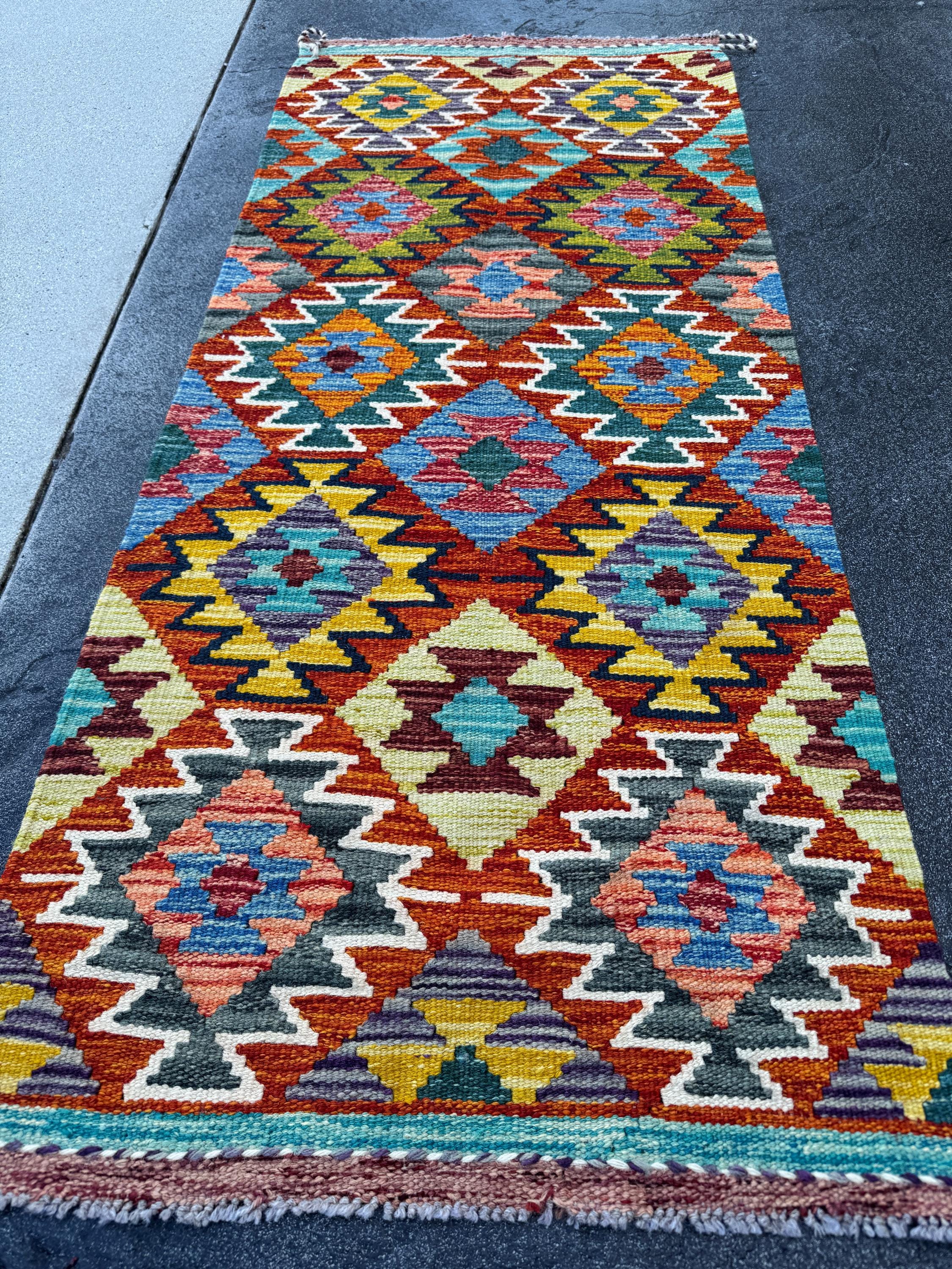 2x5 Handmade Afghan Kilim Runner Rug | Rust Red Burnt Orange Mustard Yellow Olive Green Teal Aqua Blue Navy Purple Cream White Grey | Wool