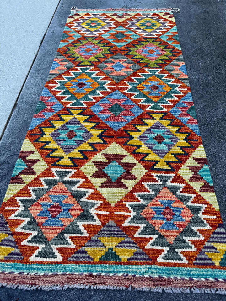 2x5 Handmade Afghan Kilim Runner Rug | Rust Red Burnt Orange Mustard Yellow Olive Green Teal Aqua Blue Navy Purple Cream White Grey | Wool