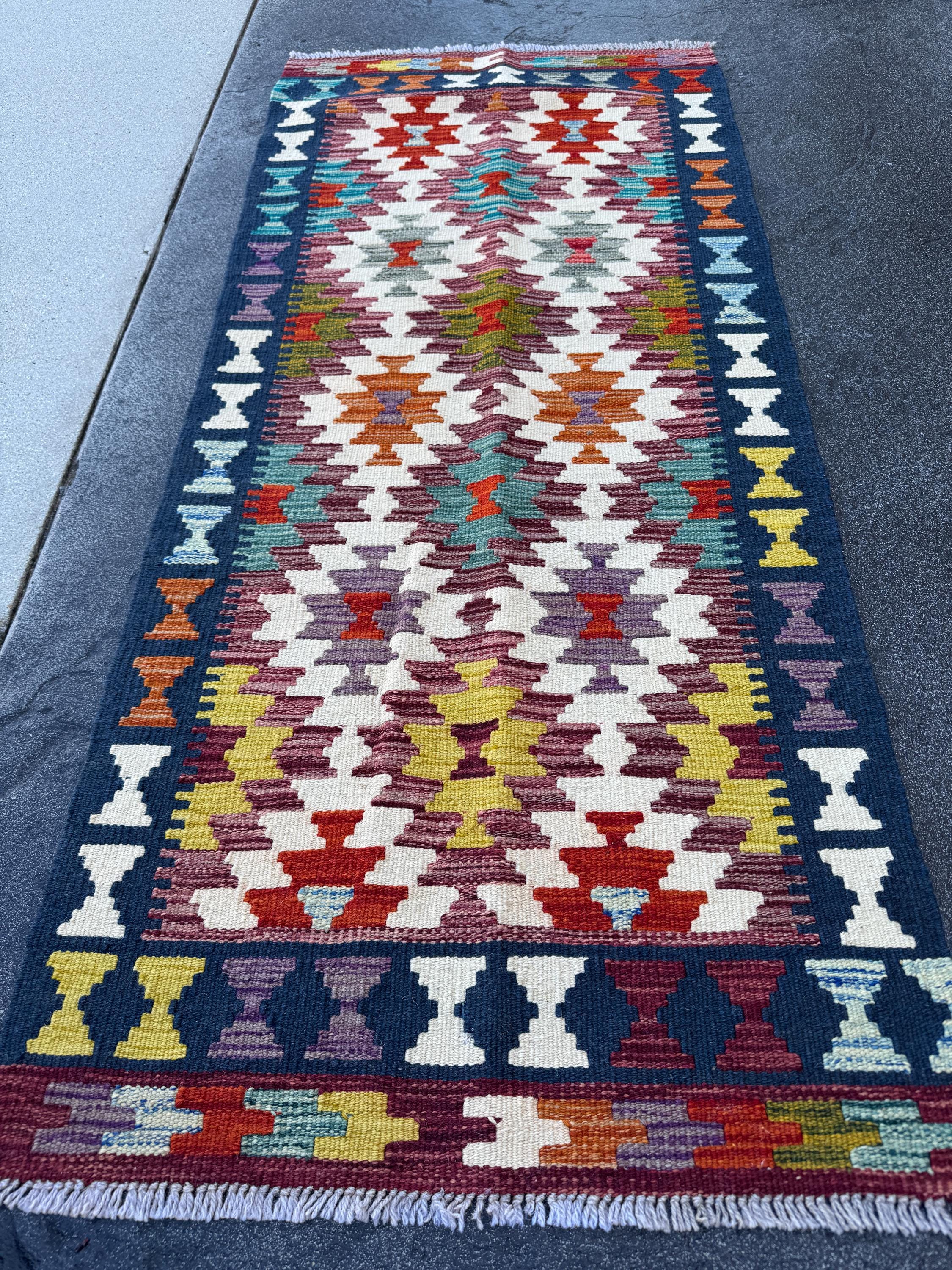 2x5 Handmade Afghan Kilim Runner Rug | Cream White Rust Red Mustard Yellow Burnt Orange Olive Green Teal Aqua Blue Navy Purple Grey | Wool