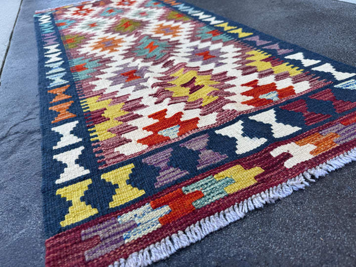 2x5 Handmade Afghan Kilim Runner Rug | Cream White Rust Red Mustard Yellow Burnt Orange Olive Green Teal Aqua Blue Navy Purple Grey | Wool