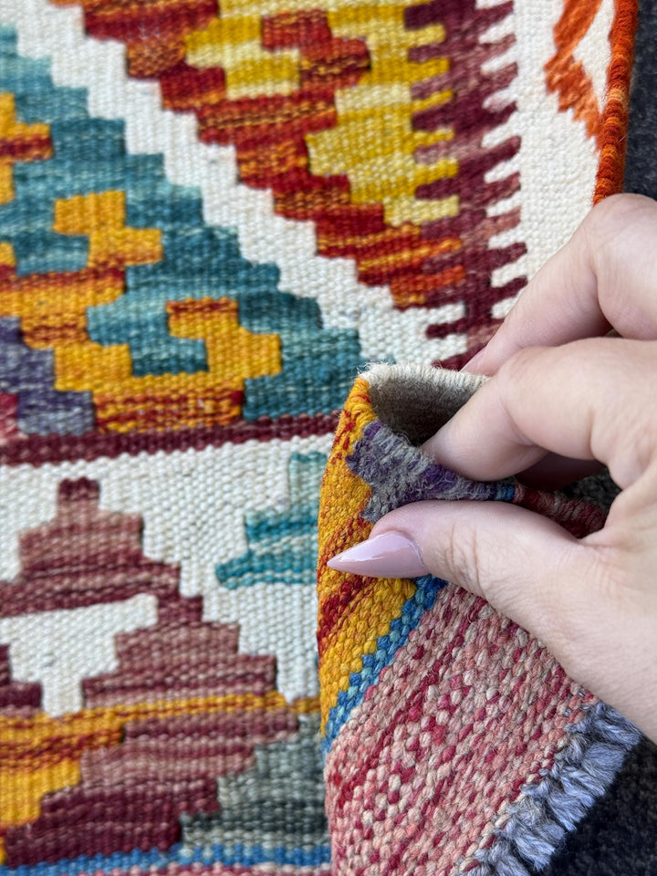 3x4 Handmade Afghan Kilim Rug | Rust Red Burnt Orange Cream White Mustard Yellow Olive Green Teal Aqua Blue Navy Purple Grey | Flatwoven