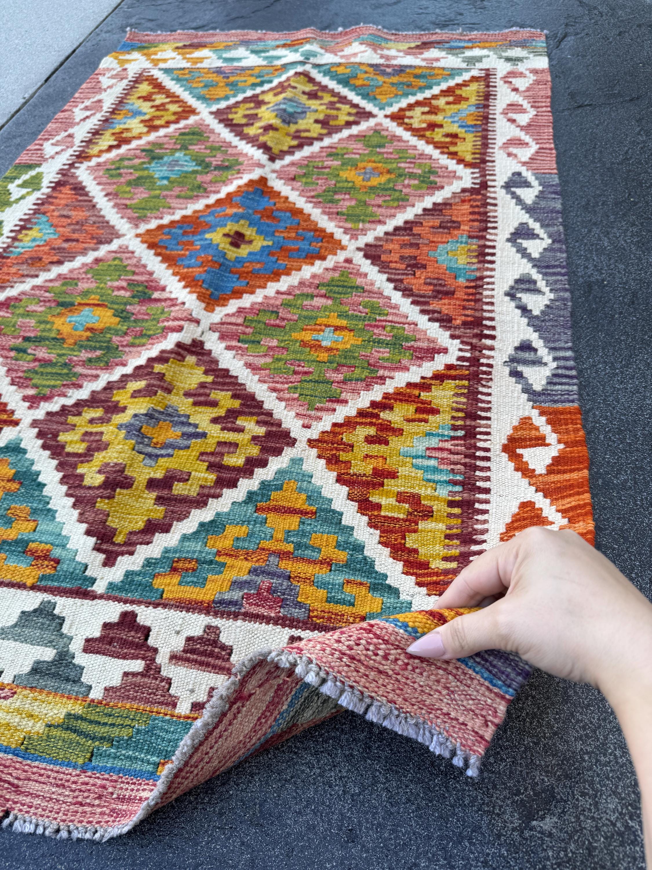3x4 Handmade Afghan Kilim Rug | Rust Red Burnt Orange Cream White Mustard Yellow Olive Green Teal Aqua Blue Navy Purple Grey | Flatwoven