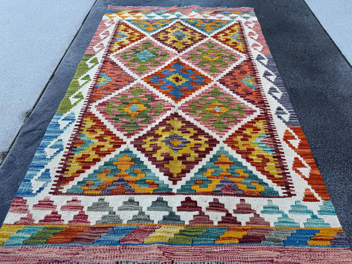 3x4 Handmade Afghan Kilim Rug | Rust Red Burnt Orange Cream White Mustard Yellow Olive Green Teal Aqua Blue Navy Purple Grey | Flatwoven