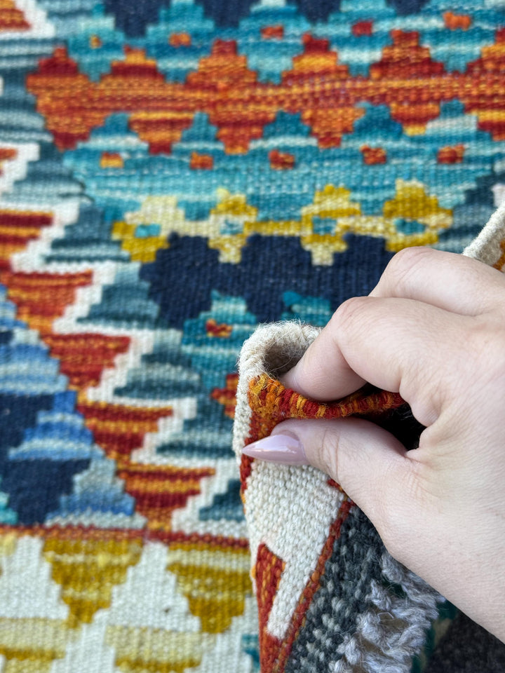3x4 Handmade Afghan Kilim Rug | Cream White Teal Aqua Blue Navy Rust Red Burnt Orange Mustard Yellow Olive Green Grey | Wool Flatwoven