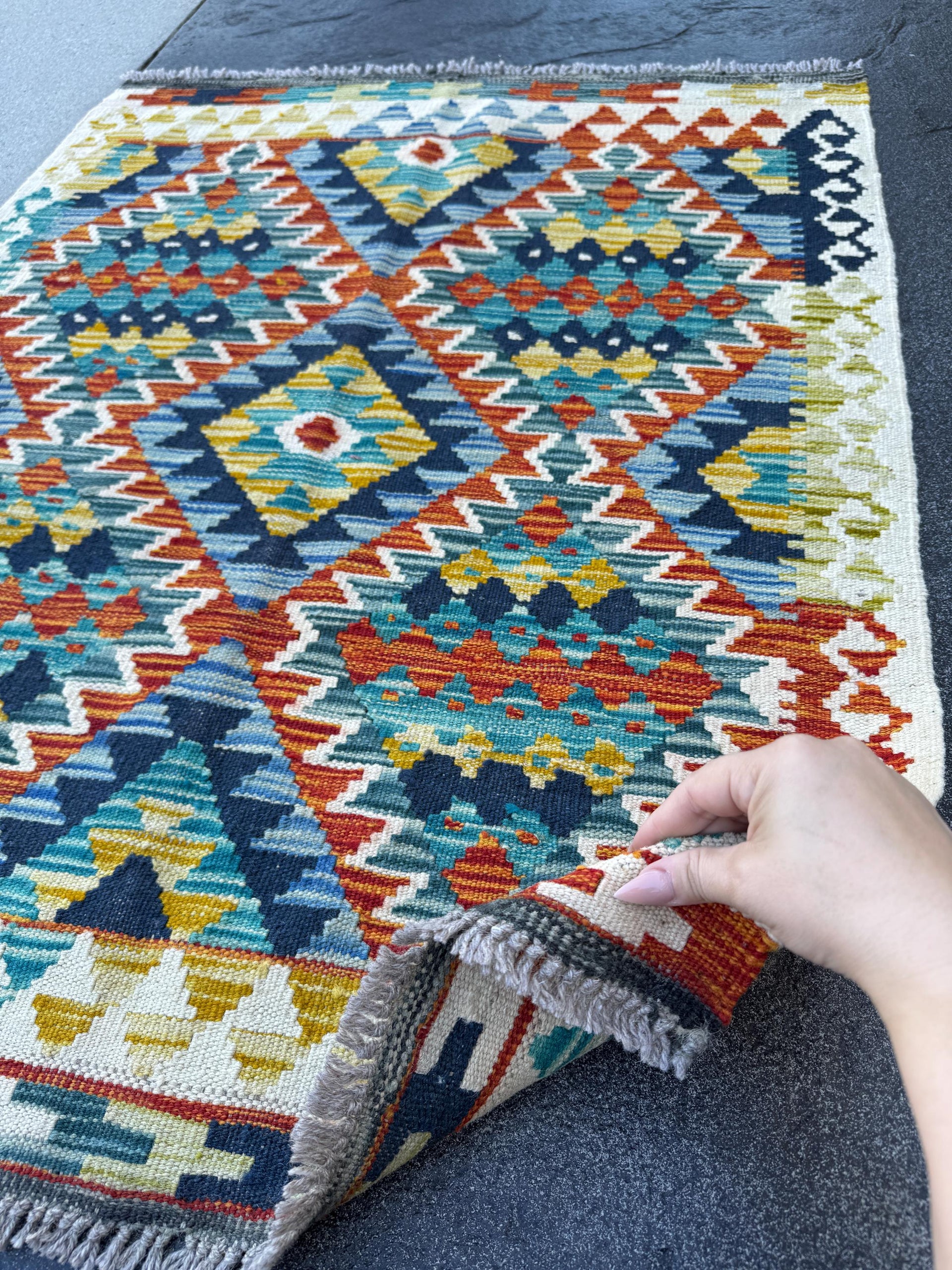 3x4 Handmade Afghan Kilim Rug | Cream White Teal Aqua Blue Navy Rust Red Burnt Orange Mustard Yellow Olive Green Grey | Wool Flatwoven