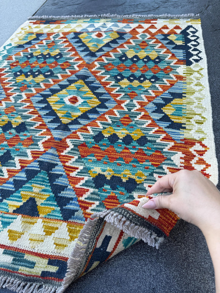 3x4 Handmade Afghan Kilim Rug | Cream White Teal Aqua Blue Navy Rust Red Burnt Orange Mustard Yellow Olive Green Grey | Wool Flatwoven