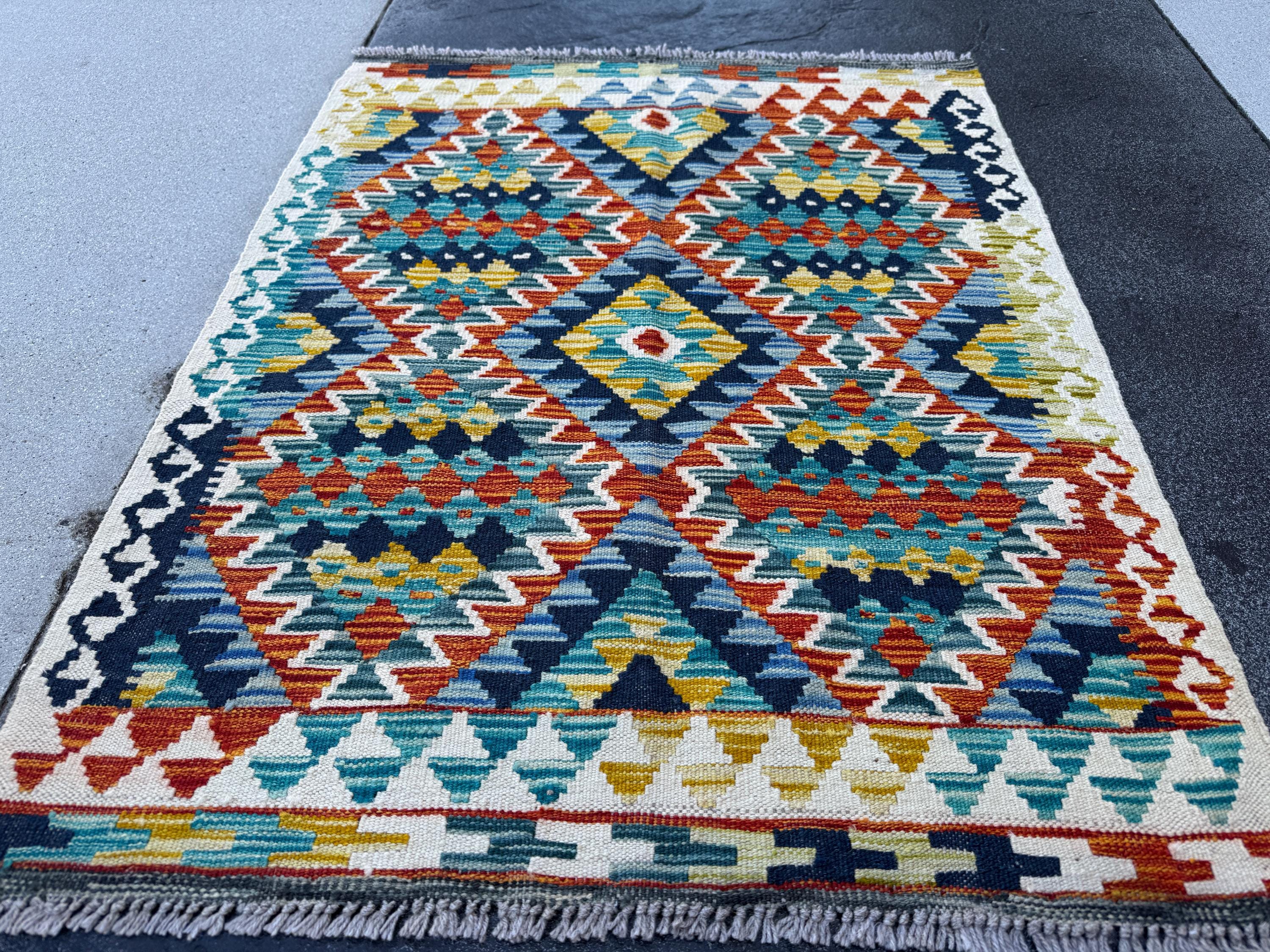 3x4 Handmade Afghan Kilim Rug | Cream White Teal Aqua Blue Navy Rust Red Burnt Orange Mustard Yellow Olive Green Grey | Wool Flatwoven