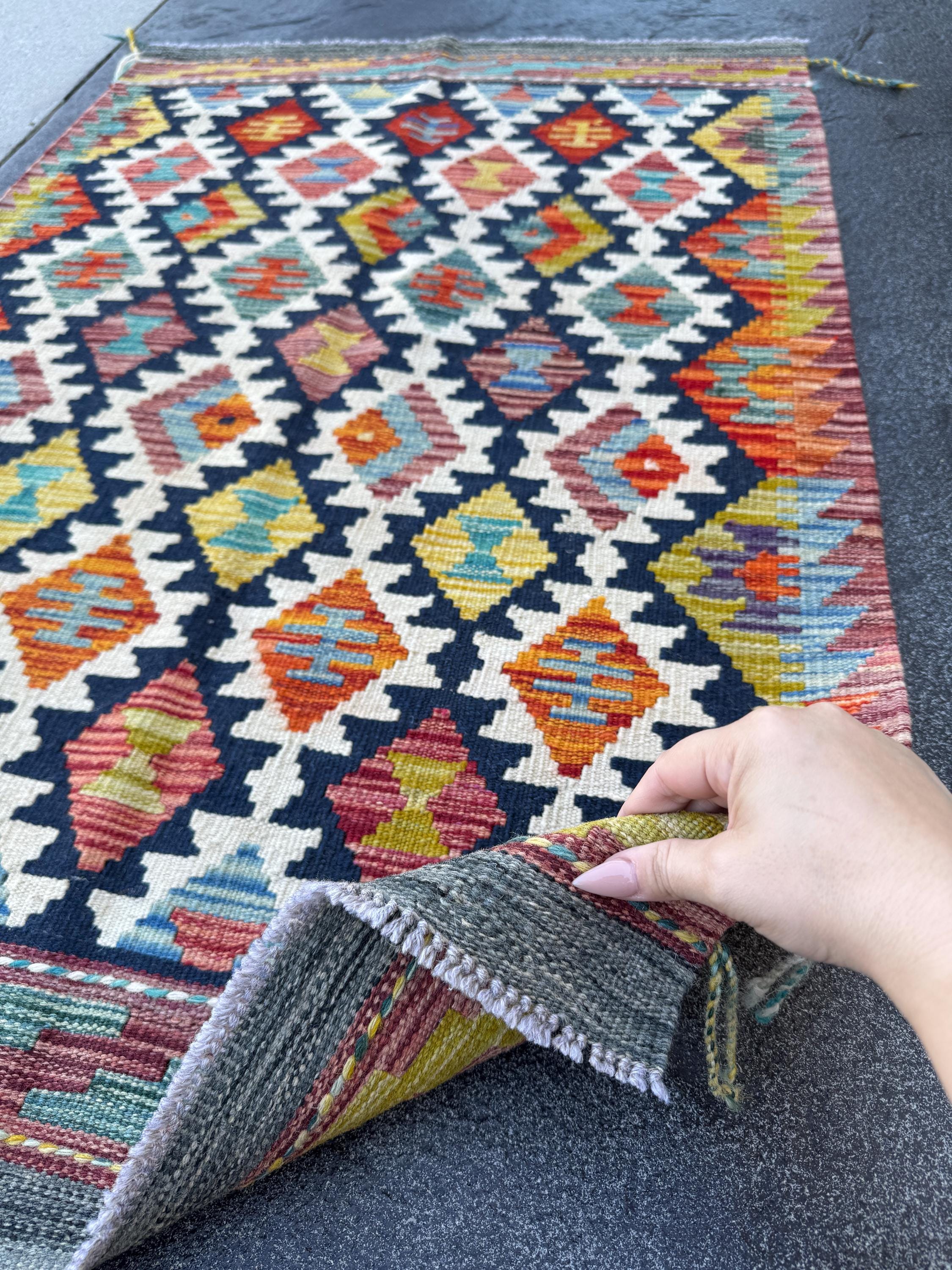 3x4 Handmade Afghan Kilim Rug | Navy Rust Red Burnt Orange Mustard Yellow Cream White Teal Aqua Blue Olive Green Purple Grey | Flatwoven