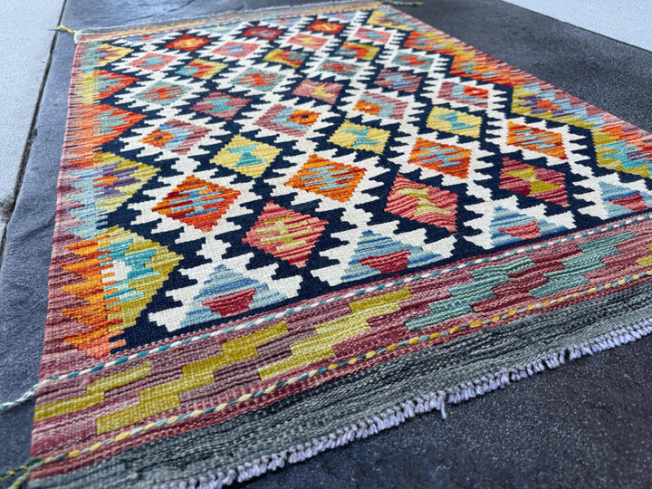 3x4 Handmade Afghan Kilim Rug | Navy Rust Red Burnt Orange Mustard Yellow Cream White Teal Aqua Blue Olive Green Purple Grey | Flatwoven