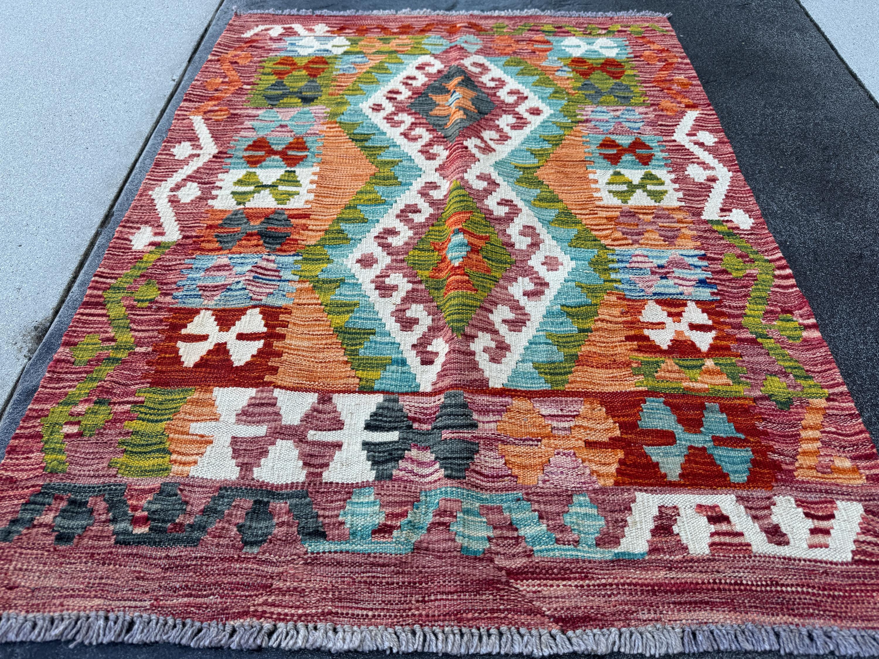 3x4 Handmade Afghan Kilim Rug | Rust Red Burnt Orange Cream White Mustard Yellow Olive Green Aqua Blue Teal Navy Purple Grey | Flatwoven