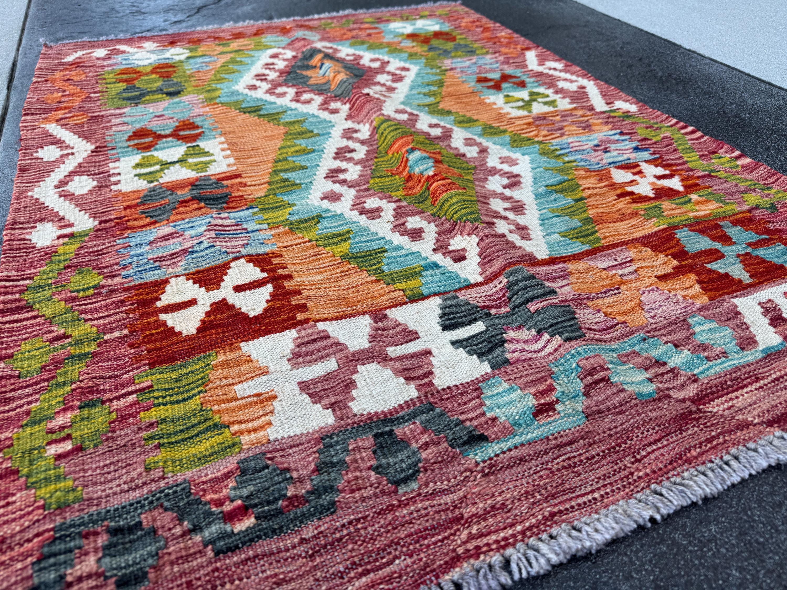 3x4 Handmade Afghan Kilim Rug | Rust Red Burnt Orange Cream White Mustard Yellow Olive Green Aqua Blue Teal Navy Purple Grey | Flatwoven