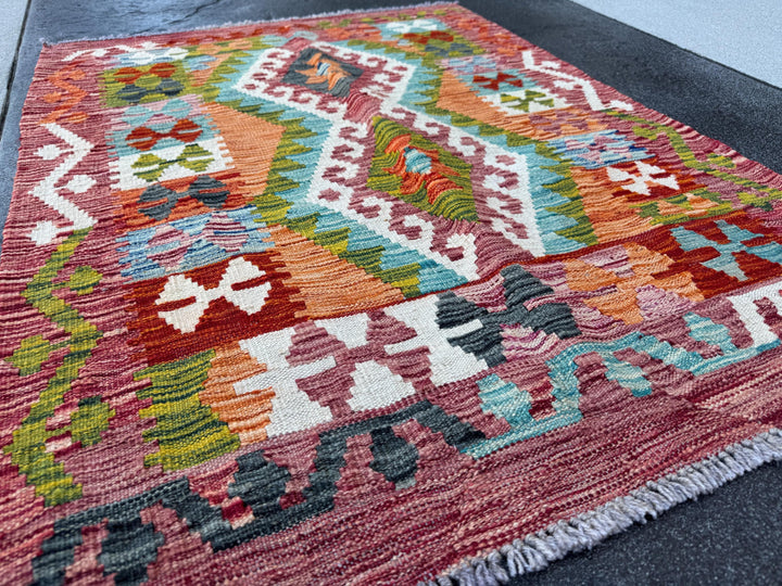 3x4 Handmade Afghan Kilim Rug | Rust Red Burnt Orange Cream White Mustard Yellow Olive Green Aqua Blue Teal Navy Purple Grey | Flatwoven