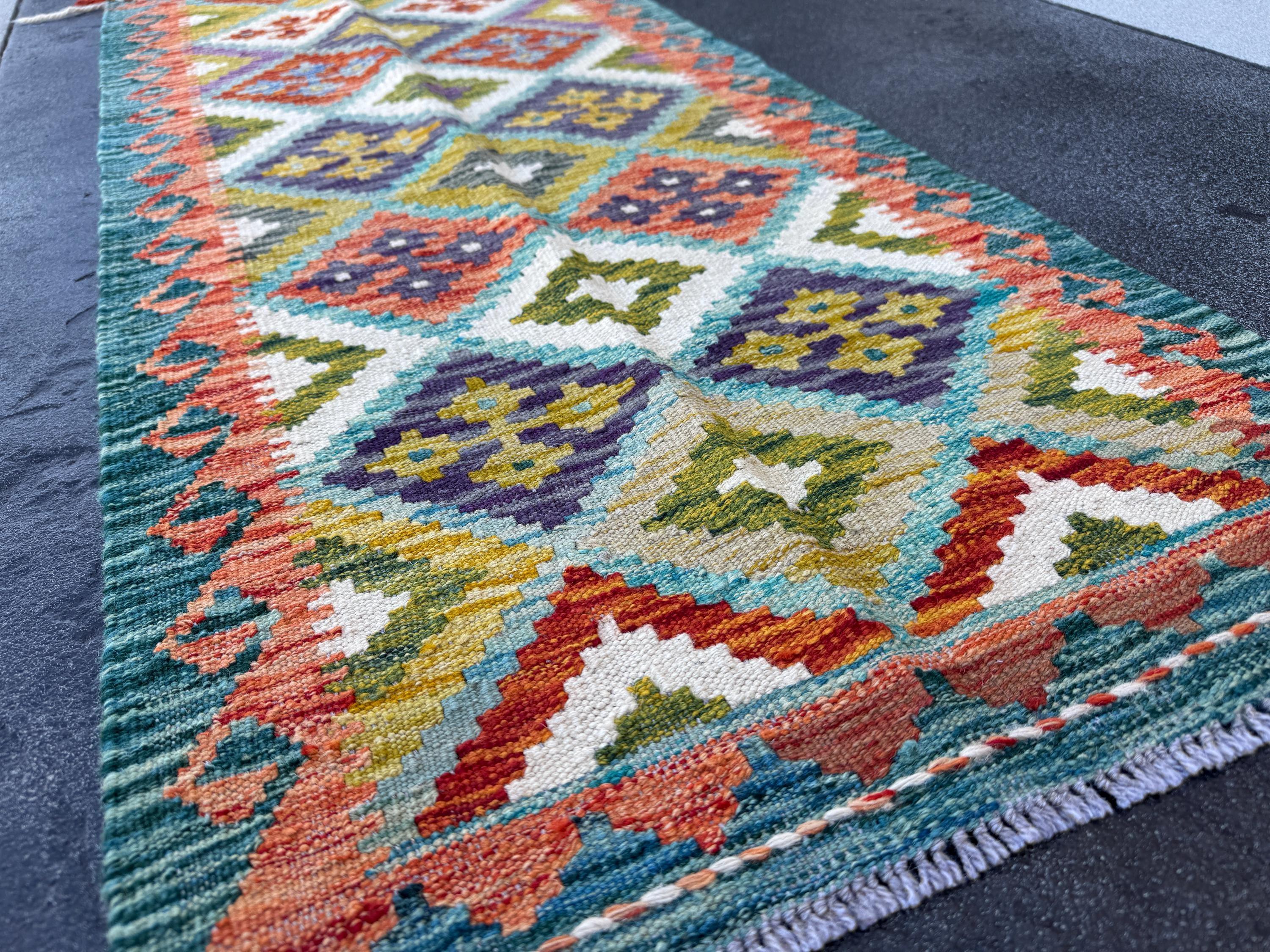 2x5 Handmade Afghan Kilim Runner Rug | Teal Aqua Blue Rust Red Burnt Orange Mustard Yellow Olive Green Cream White Navy Purple Grey | Wool