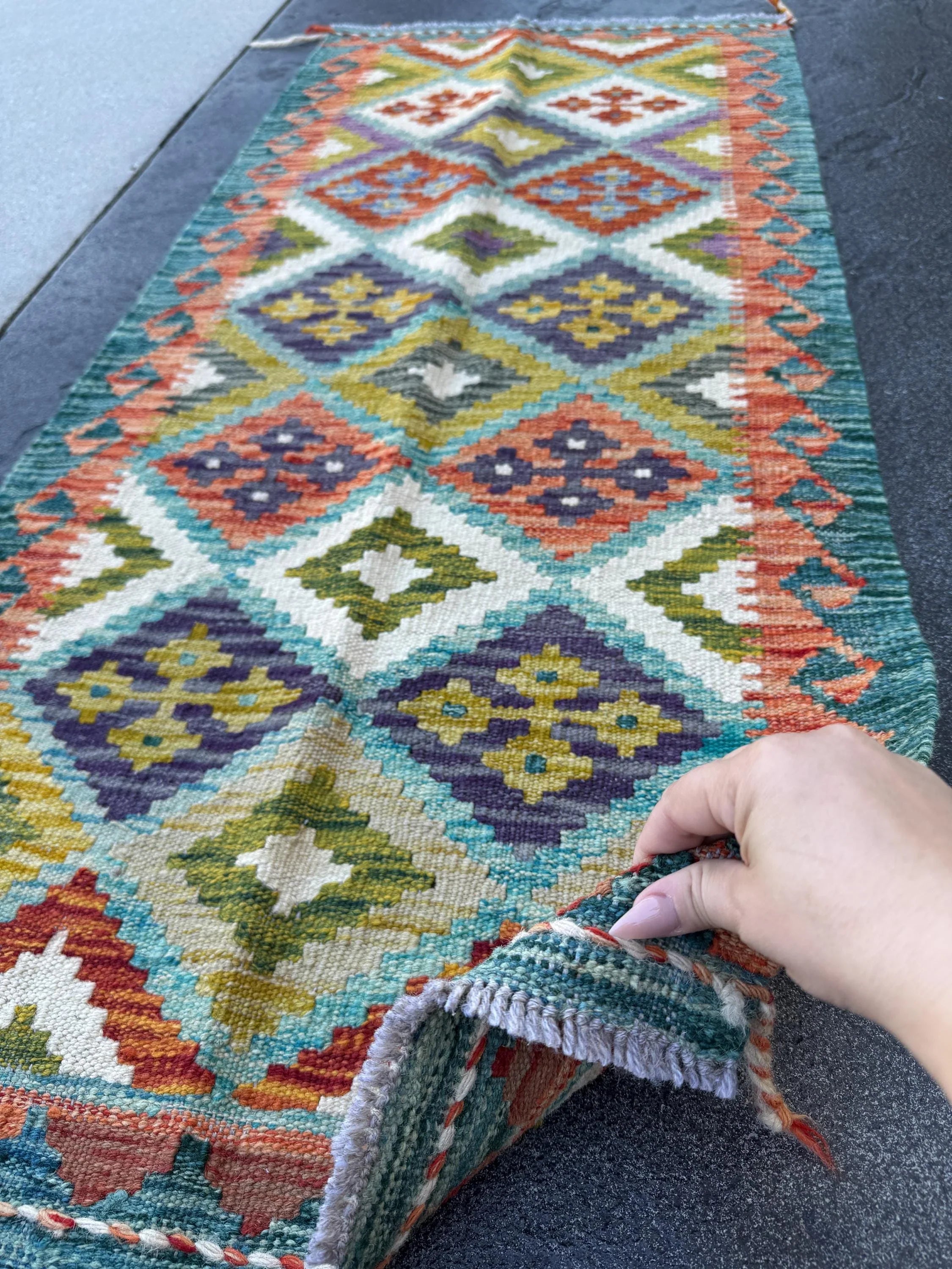 2x5 Handmade Afghan Kilim Runner Rug | Teal Aqua Blue Rust Red Burnt Orange Mustard Yellow Olive Green Cream White Navy Purple Grey | Wool